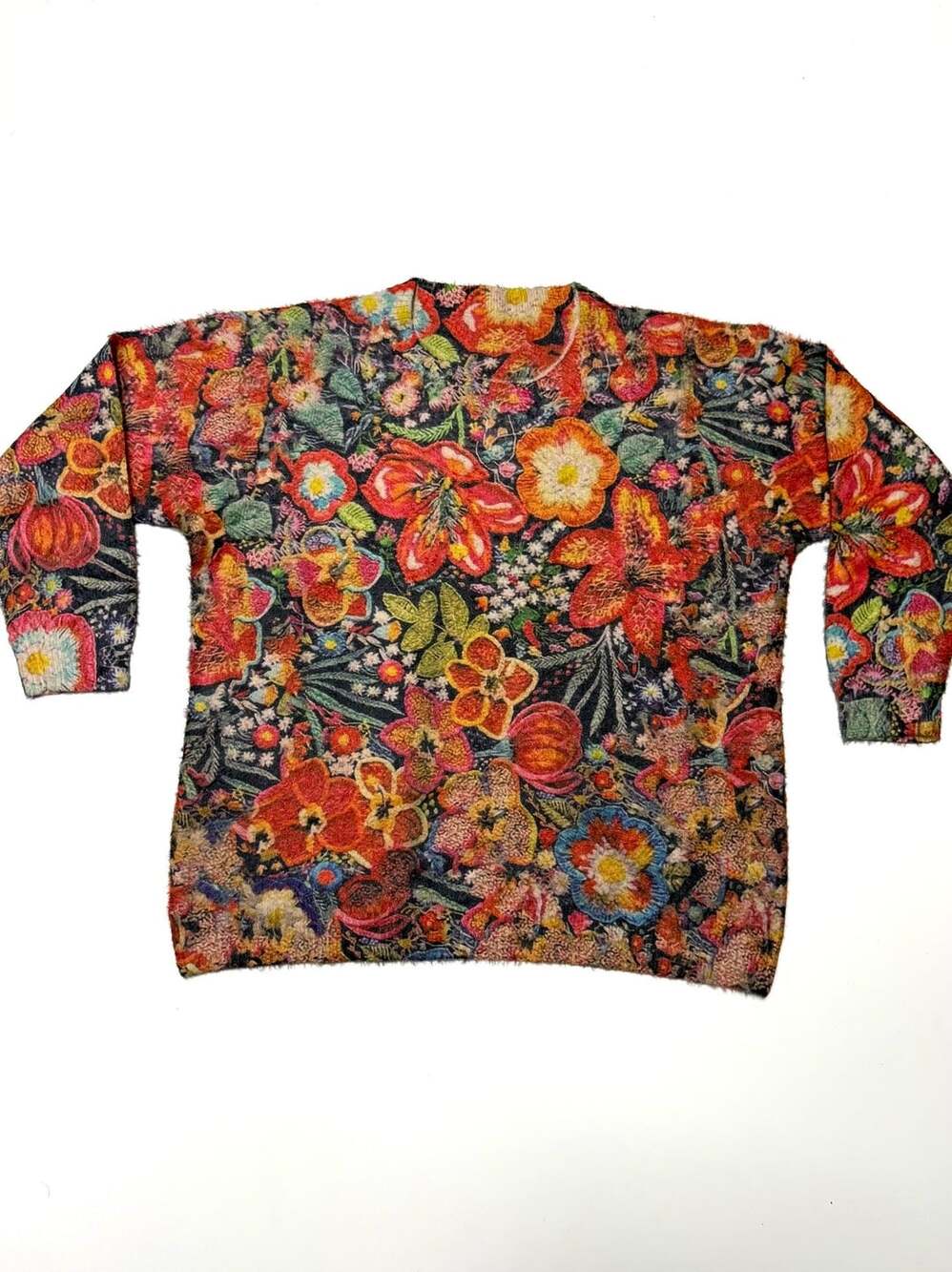 Women's XL Oversized Fuzzy Floral Knit Sweater Embroidered-Look Print Pullover D